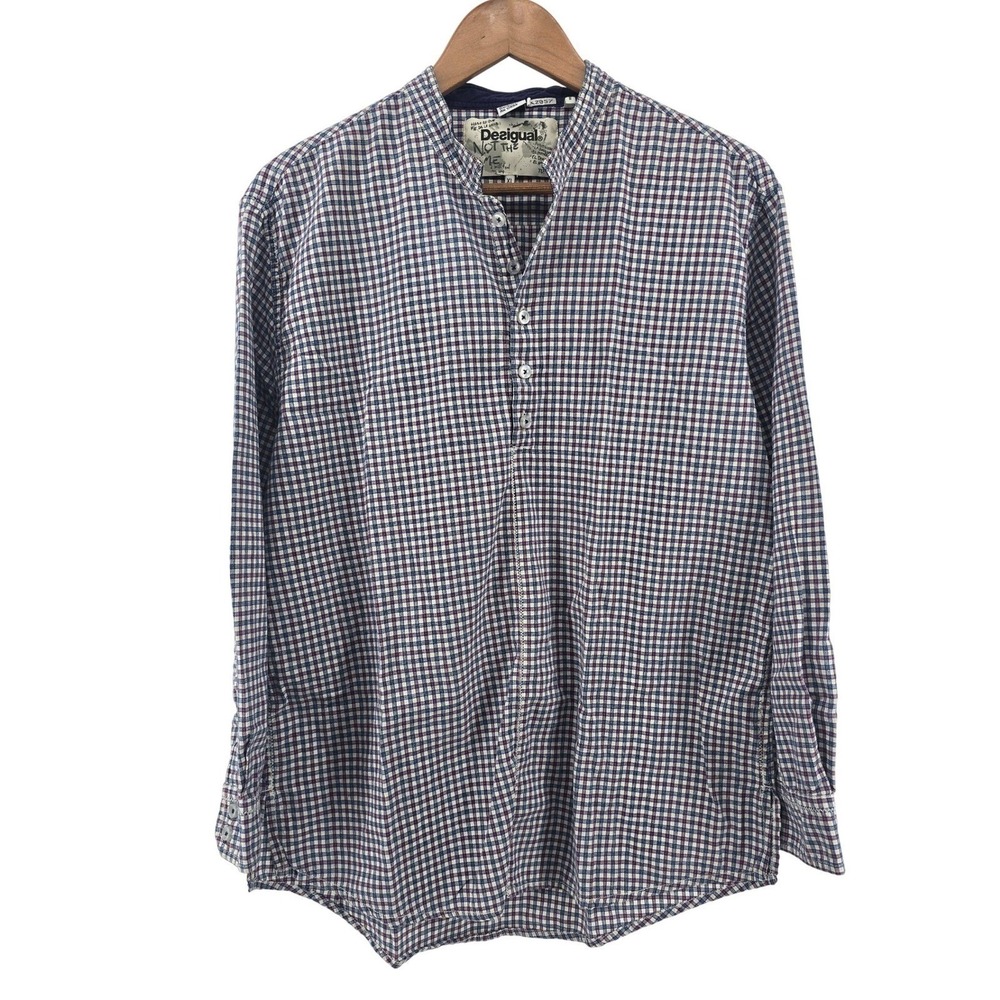 Desigual Button Down Shirt Mens XL Blue Gingham Grandad Band Collar Popover